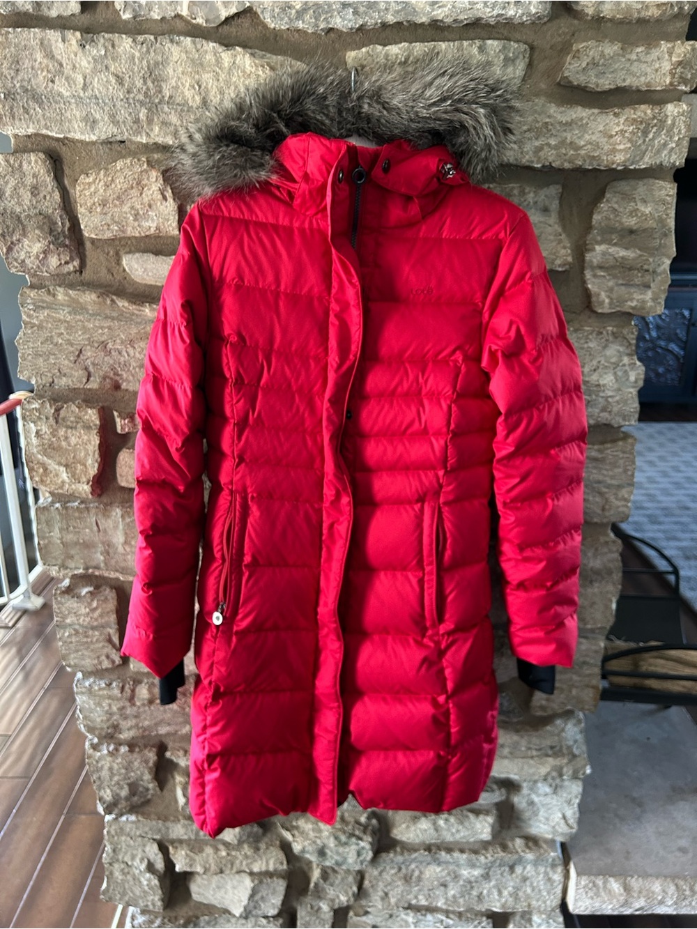 Lole Red Long Puffer Coat with Faux Fur Trim Hood Duck Down Insulation